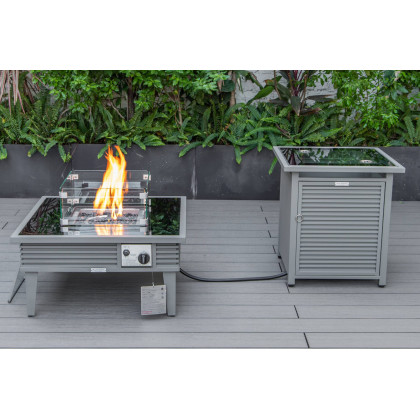LeisureMod Walbrooke Modern Gray Patio Conversation With Square Fire Pit With Slats Design & Tank Holder - Navy Blue