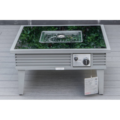 LeisureMod Walbrooke Modern Gray Patio Conversation With Square Fire Pit With Slats Design & Tank Holder - Navy Blue