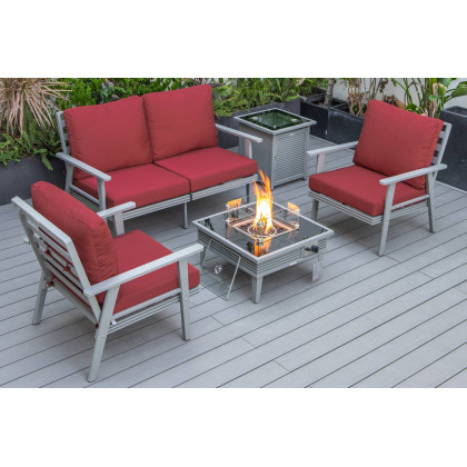 LeisureMod - Walbrooke Modern Black Patio Conversation With Square Fire Pit With Slats Design & Tank Holder