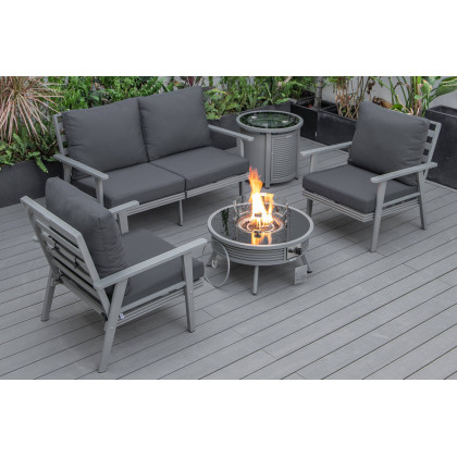 LeisureMod - Walbrooke Modern Black Patio Conversation With Round Fire Pit With Slats Design & Tank Holder