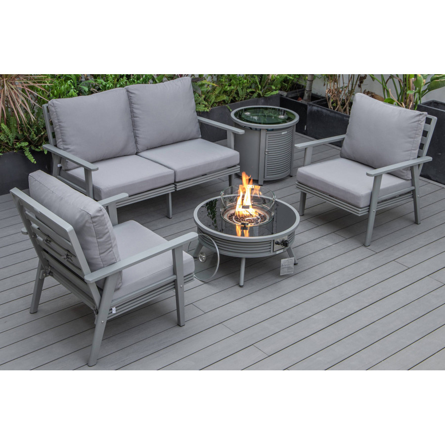LeisureMod Walbrooke Modern Gray Patio Conversation With Round Fire Pit With Slats Design & Tank Holder - Gray