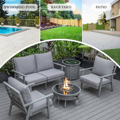 LeisureMod Walbrooke Modern Gray Patio Conversation With Round Fire Pit With Slats Design & Tank Holder - Gray