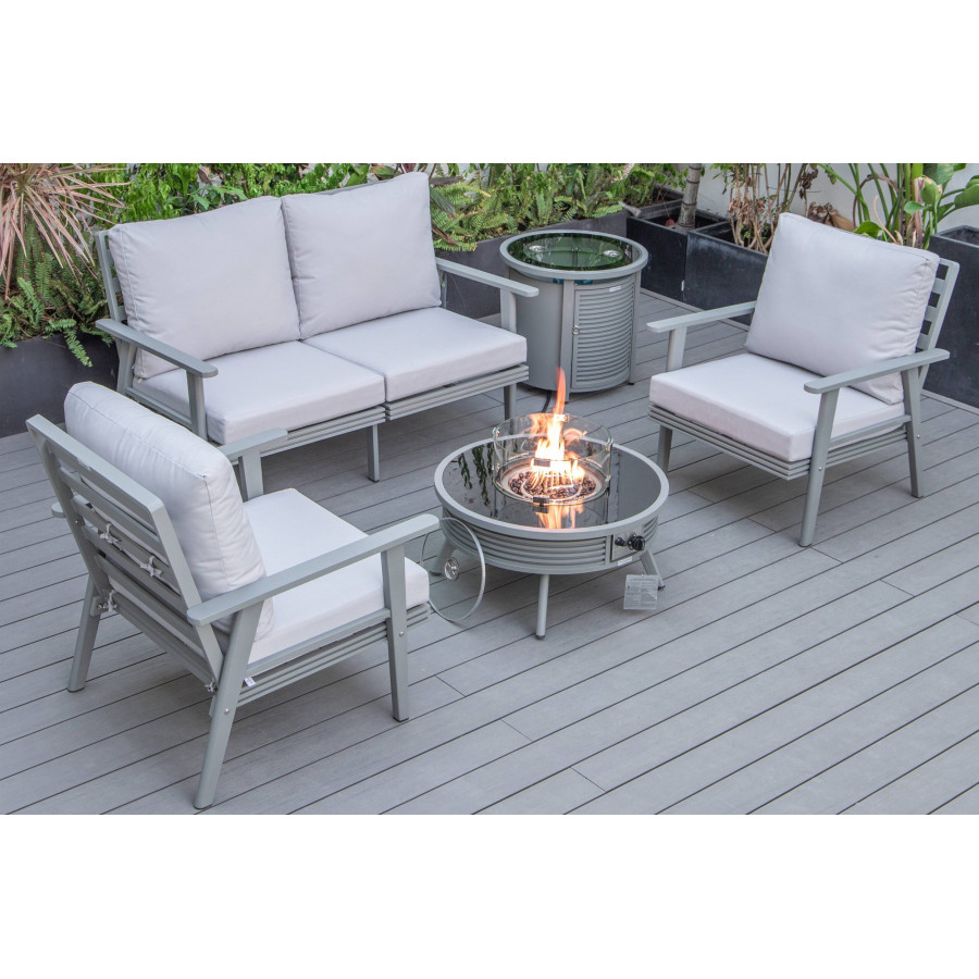 LeisureMod Walbrooke Modern Gray Patio Conversation With Round Fire Pit With Slats Design & Tank Holder - Light Gray