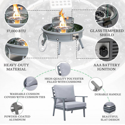 LeisureMod Walbrooke Modern Gray Patio Conversation With Round Fire Pit With Slats Design & Tank Holder - Light Gray
