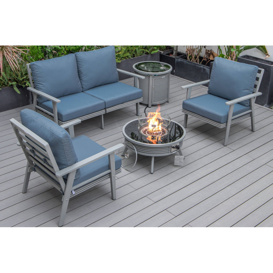 LeisureMod Walbrooke Modern Gray Patio Conversation With Round Fire Pit With Slats Design & Tank Holder - Navy Blue