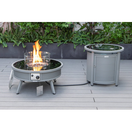 LeisureMod Walbrooke Modern Gray Patio Conversation With Round Fire Pit With Slats Design & Tank Holder - Navy Blue