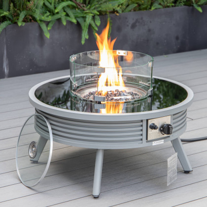 LeisureMod Walbrooke Modern Gray Patio Conversation With Round Fire Pit With Slats Design & Tank Holder - Navy Blue