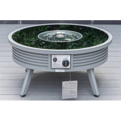 LeisureMod Walbrooke Modern Gray Patio Conversation With Round Fire Pit With Slats Design & Tank Holder - Navy Blue