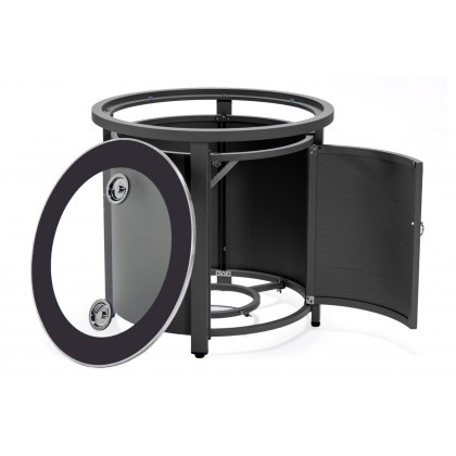 LeisureMod Walbrooke Modern Gray Patio Conversation With Round Fire Pit With Slats Design & Tank Holder - Navy Blue