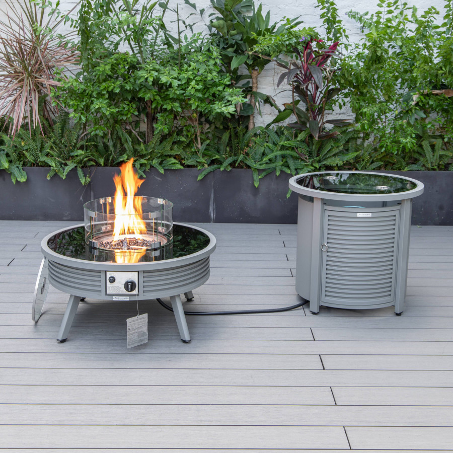 LeisureMod Walbrooke Outdoor Patio Round Fire Pit and Tank Holder with Slats Design - Gray