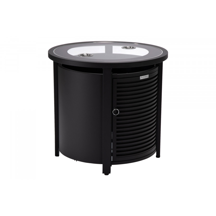 LeisureMod Walbrooke Modern Round Tank Holder Table with Tempered Glass Top and Powder Coated Aluminum Slats Design - Black
