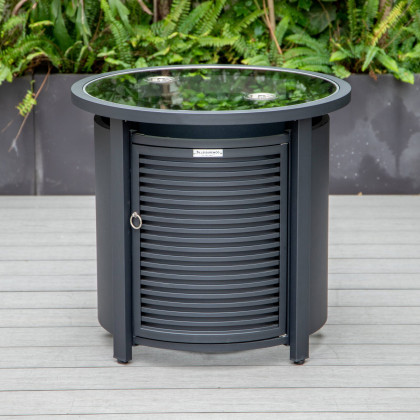 LeisureMod Walbrooke Modern Round Tank Holder Table with Tempered Glass Top and Powder Coated Aluminum Slats Design - Black
