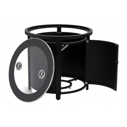 LeisureMod Walbrooke Modern Round Tank Holder Table with Tempered Glass Top and Powder Coated Aluminum Slats Design - Black