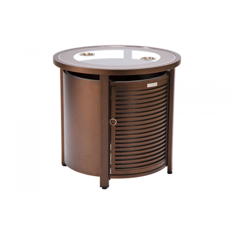 LeisureMod Walbrooke Modern Round Tank Holder Table with Tempered Glass Top and Powder Coated Aluminum Slats Design - Brown