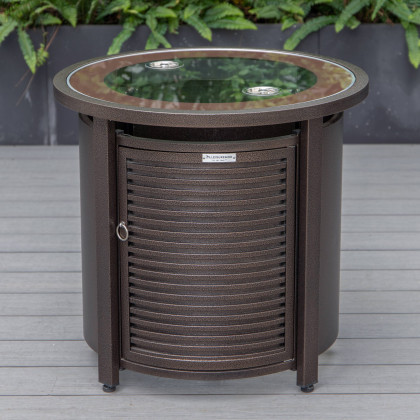 LeisureMod Walbrooke Modern Round Tank Holder Table with Tempered Glass Top and Powder Coated Aluminum Slats Design - Brown