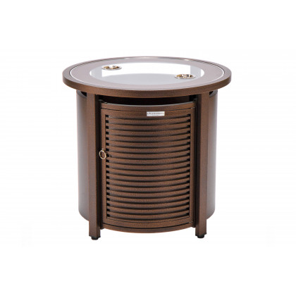 LeisureMod Walbrooke Modern Round Tank Holder Table with Tempered Glass Top and Powder Coated Aluminum Slats Design - Brown