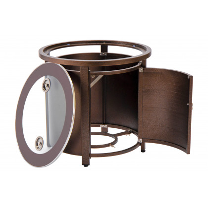 LeisureMod Walbrooke Modern Round Tank Holder Table with Tempered Glass Top and Powder Coated Aluminum Slats Design - Brown
