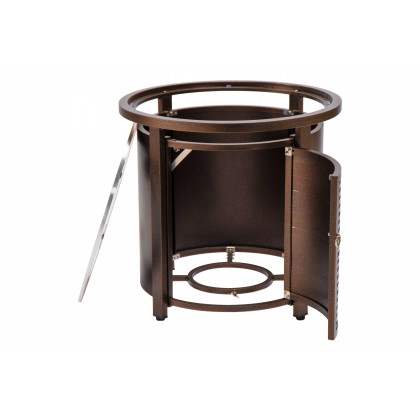 LeisureMod Walbrooke Modern Round Tank Holder Table with Tempered Glass Top and Powder Coated Aluminum Slats Design - Brown