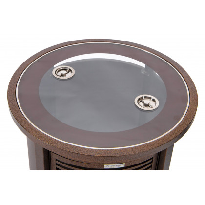 LeisureMod Walbrooke Modern Round Tank Holder Table with Tempered Glass Top and Powder Coated Aluminum Slats Design - Brown