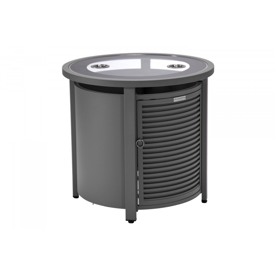 LeisureMod - Walbrooke Modern Round Tank Holder Table with Tempered Glass Top and Powder Coated Aluminum Slats Design
