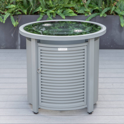 LeisureMod - Walbrooke Modern Round Tank Holder Table with Tempered Glass Top and Powder Coated Aluminum Slats Design