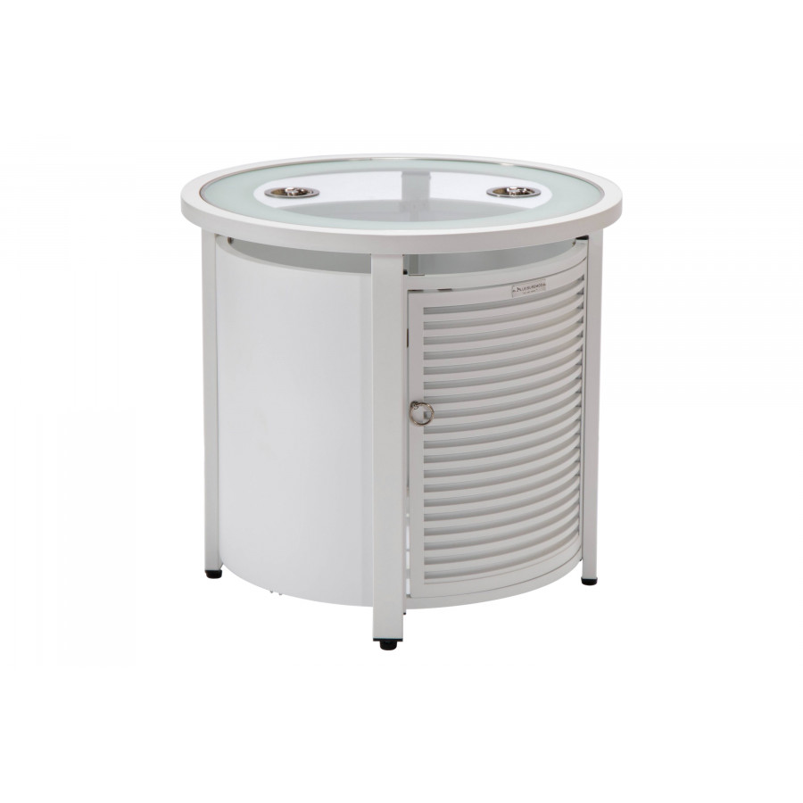 LeisureMod Walbrooke Modern Round Tank Holder Table with Tempered Glass Top and Powder Coated Aluminum Slats Design - White