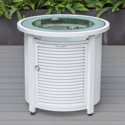 LeisureMod Walbrooke Modern Round Tank Holder Table with Tempered Glass Top and Powder Coated Aluminum Slats Design - White