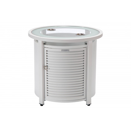 LeisureMod Walbrooke Modern Round Tank Holder Table with Tempered Glass Top and Powder Coated Aluminum Slats Design - White
