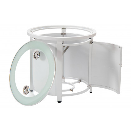 LeisureMod Walbrooke Modern Round Tank Holder Table with Tempered Glass Top and Powder Coated Aluminum Slats Design - White