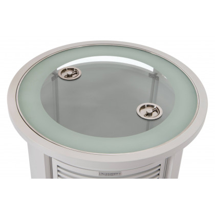 LeisureMod Walbrooke Modern Round Tank Holder Table with Tempered Glass Top and Powder Coated Aluminum Slats Design - White