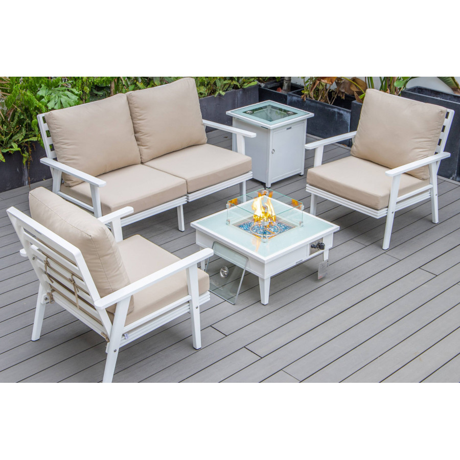 LeisureMod Walbrooke Modern White Patio Conversation With Square Fire Pit & Tank Holder - Beige