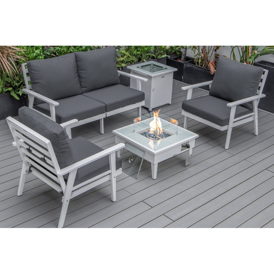 LeisureMod Walbrooke Modern White Patio Conversation With Square Fire Pit & Tank Holder - Charcoal