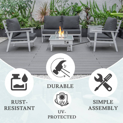 LeisureMod Walbrooke Modern White Patio Conversation With Square Fire Pit & Tank Holder - Charcoal