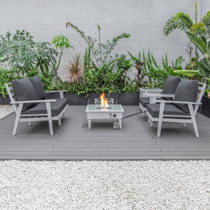 LeisureMod Walbrooke Modern White Patio Conversation With Square Fire Pit & Tank Holder - Charcoal