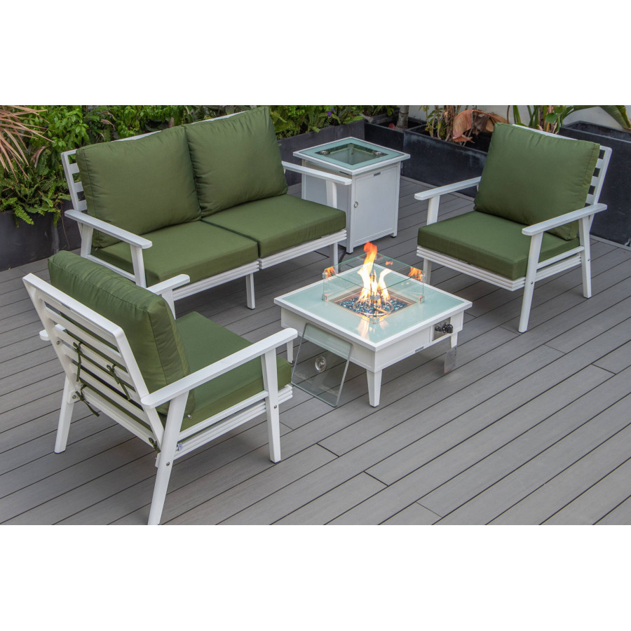 LeisureMod Walbrooke Modern White Patio Conversation With Square Fire Pit & Tank Holder - Green