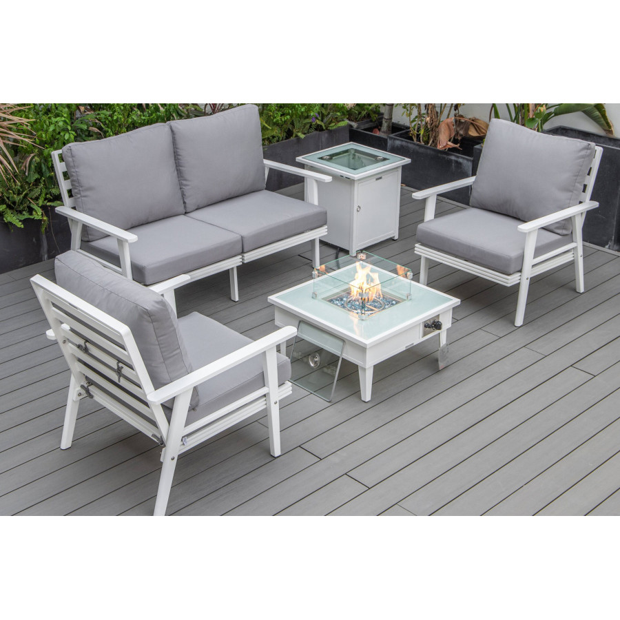 LeisureMod Walbrooke Modern White Patio Conversation With Square Fire Pit & Tank Holder - Gray