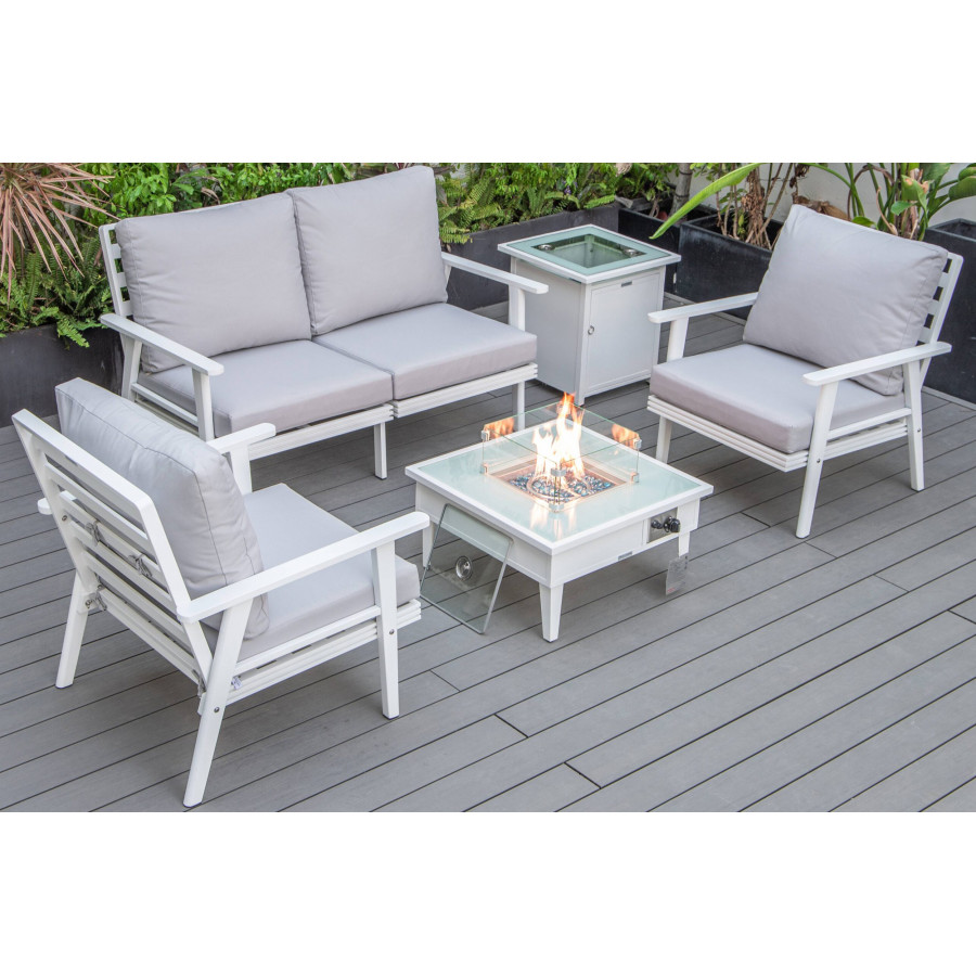 LeisureMod Walbrooke Modern White Patio Conversation With Square Fire Pit & Tank Holder - Light Gray