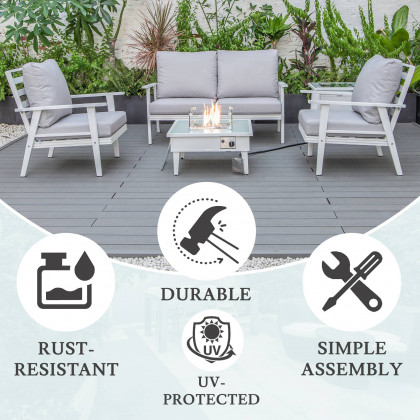 LeisureMod Walbrooke Modern White Patio Conversation With Square Fire Pit & Tank Holder - Light Gray