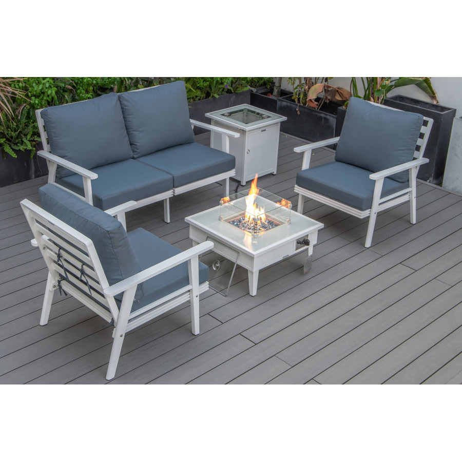 LeisureMod Walbrooke Modern White Patio Conversation With Square Fire Pit & Tank Holder - Navy Blue