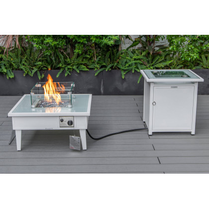 LeisureMod Walbrooke Modern White Patio Conversation With Square Fire Pit & Tank Holder - Navy Blue