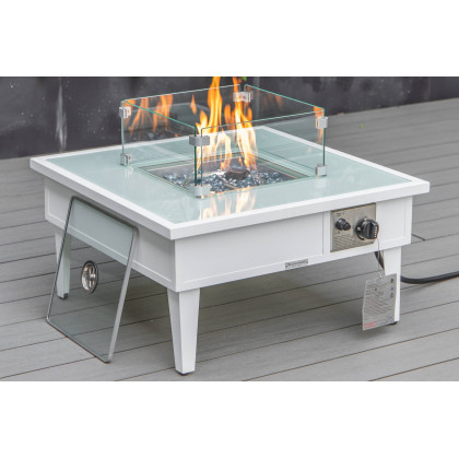 LeisureMod Walbrooke Modern Outdoor Square Fire Pit Table with Powder-Coated Aluminum Frame - White