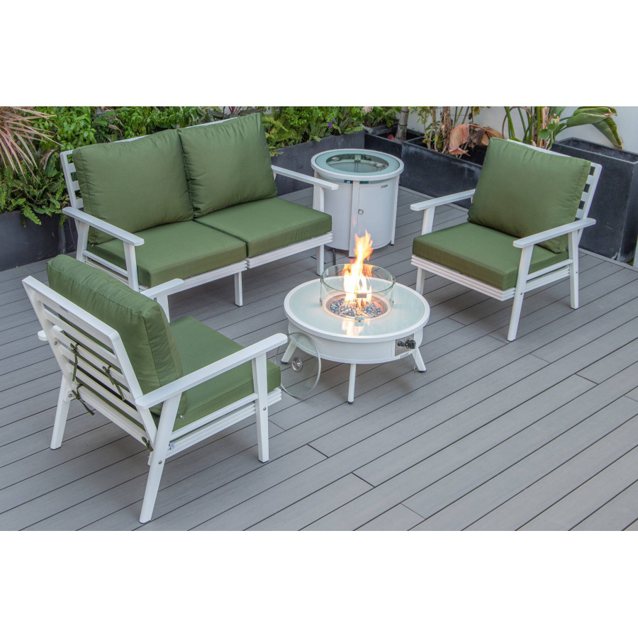 LeisureMod Walbrooke Modern White Patio Conversation With Round Fire Pit & Tank Holder - Green