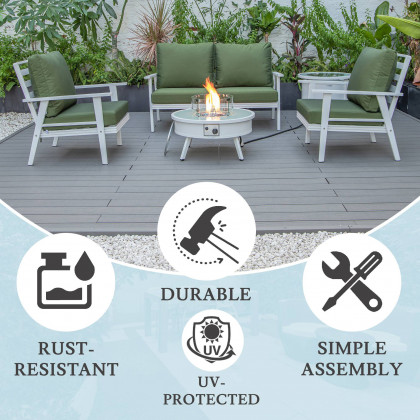 LeisureMod Walbrooke Modern White Patio Conversation With Round Fire Pit & Tank Holder - Green