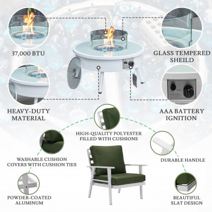 LeisureMod Walbrooke Modern White Patio Conversation With Round Fire Pit & Tank Holder - Green