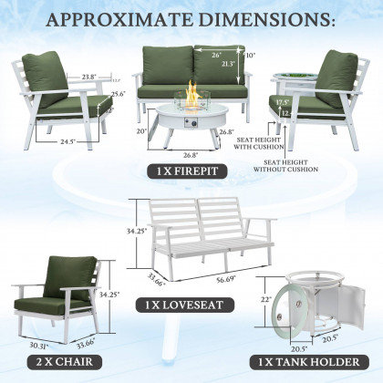 LeisureMod Walbrooke Modern White Patio Conversation With Round Fire Pit & Tank Holder - Green