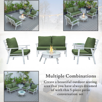 LeisureMod Walbrooke Modern White Patio Conversation With Round Fire Pit & Tank Holder - Green