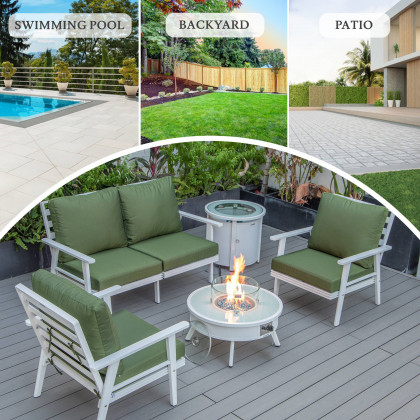LeisureMod Walbrooke Modern White Patio Conversation With Round Fire Pit & Tank Holder - Green