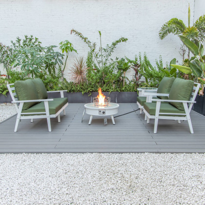 LeisureMod Walbrooke Modern White Patio Conversation With Round Fire Pit & Tank Holder - Green