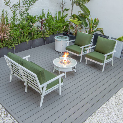 LeisureMod Walbrooke Modern White Patio Conversation With Round Fire Pit & Tank Holder - Green
