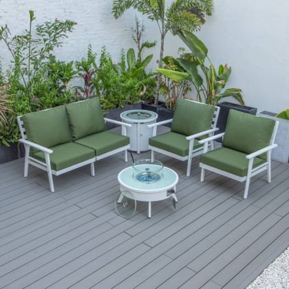 LeisureMod Walbrooke Modern White Patio Conversation With Round Fire Pit & Tank Holder - Green